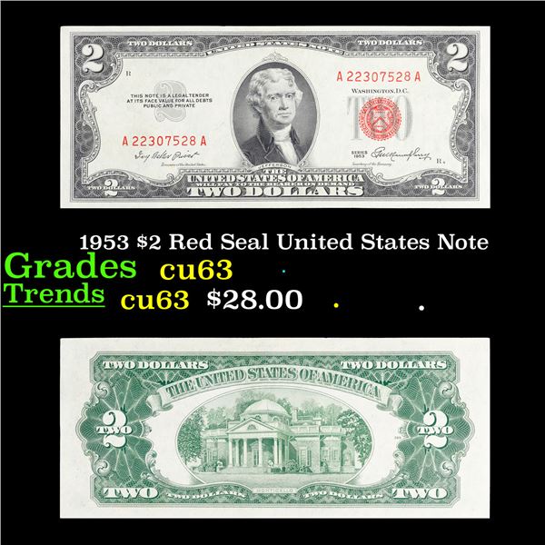 1953 $2 Red Seal United States Note Grades Select CU