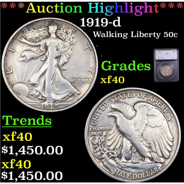 ***Auction Highlight*** 1919-d Walking Liberty Half Dollar 50c Graded xf40 By SEGS (fc)