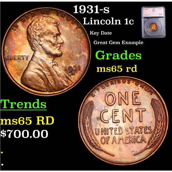 1931-s Lincoln Cent 1c Graded ms65 rd By SEGS