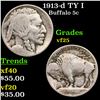 Image 1 : 1913-d TY I Buffalo Nickel 5c Grades vf+