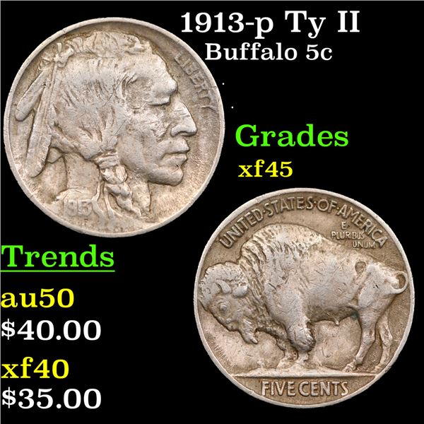 1913-p Ty II Buffalo Nickel 5c Grades xf+