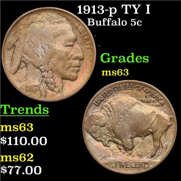 1913-p TY I Buffalo Nickel 5c Grades Select Unc