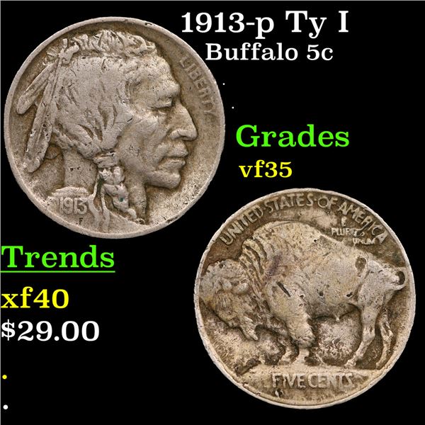 1913-p Ty I Buffalo Nickel 5c Grades vf++