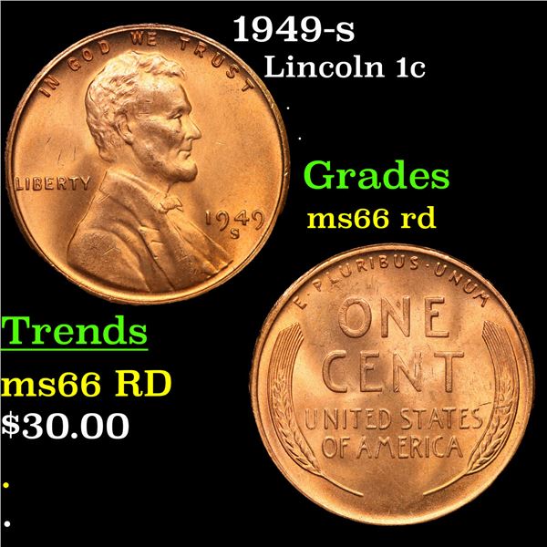 1949-s Lincoln Cent 1c Grades GEM+ Unc RD