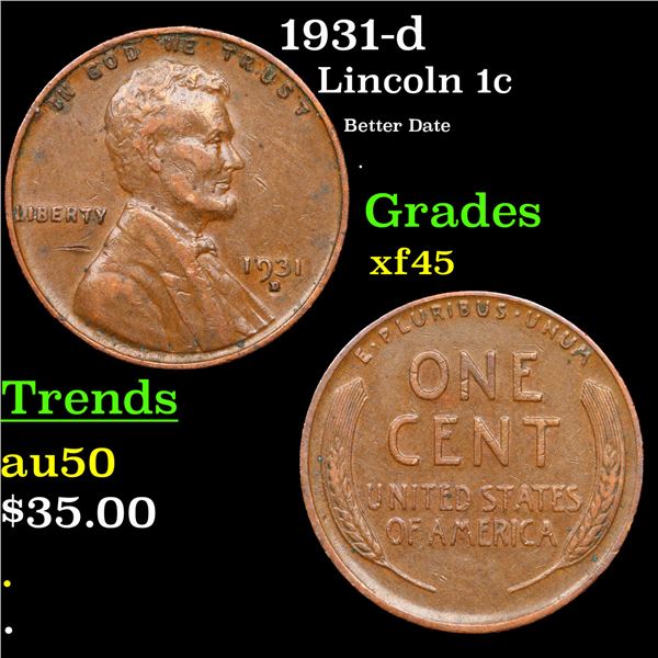 1931-d Lincoln Cent 1c Grades xf+