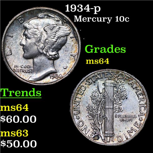 1934-p Mercury Dime 10c Grades Choice Unc