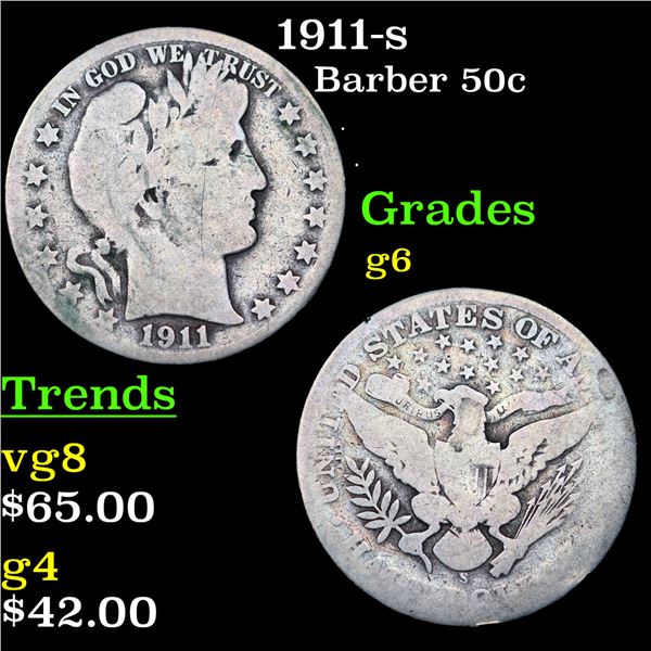 1911-s Barber Half Dollars 50c Grades g+