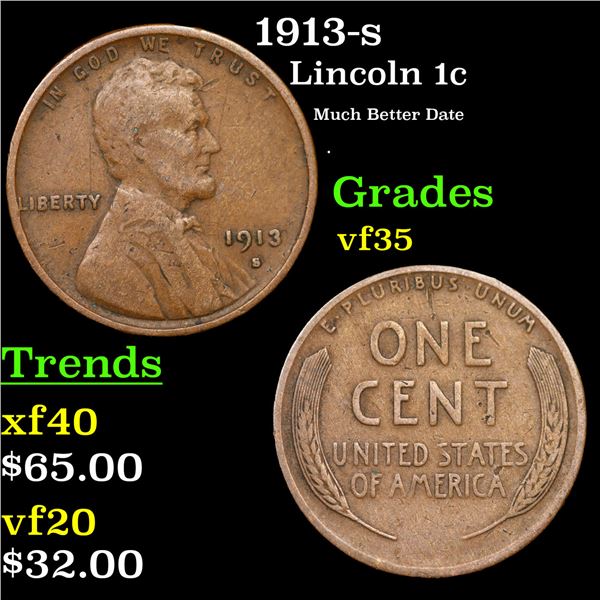 1913-s Lincoln Cent 1c Grades vf++