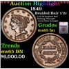 ***Auction Highlight*** 1849 Braided Hair Half Cent 1/2c Graded ms65 bn BY SEGS (fc)