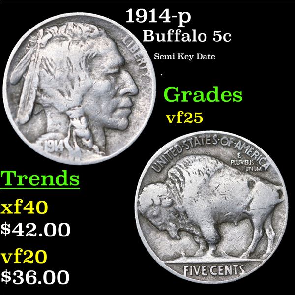 1914-p Buffalo Nickel 5c Grades vf+