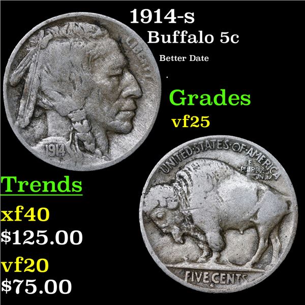1914-s Buffalo Nickel 5c Grades vf+