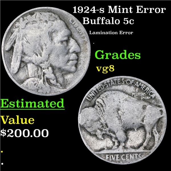 1924-s Buffalo Nickel Mint Error 5c Grades vg, very good