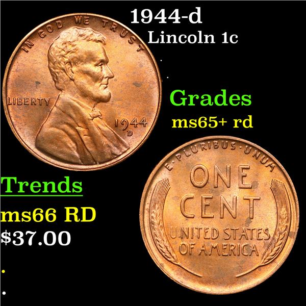 1944-d Lincoln Cent 1c Grades Gem+ Unc RD
