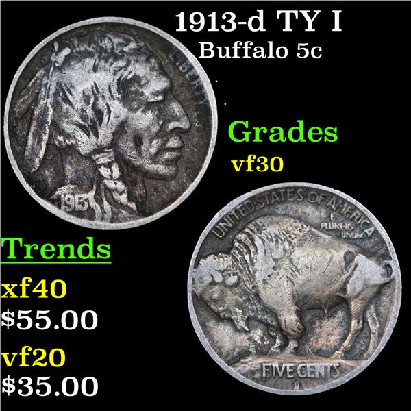 1913-d TY I Buffalo Nickel 5c Grades vf++
