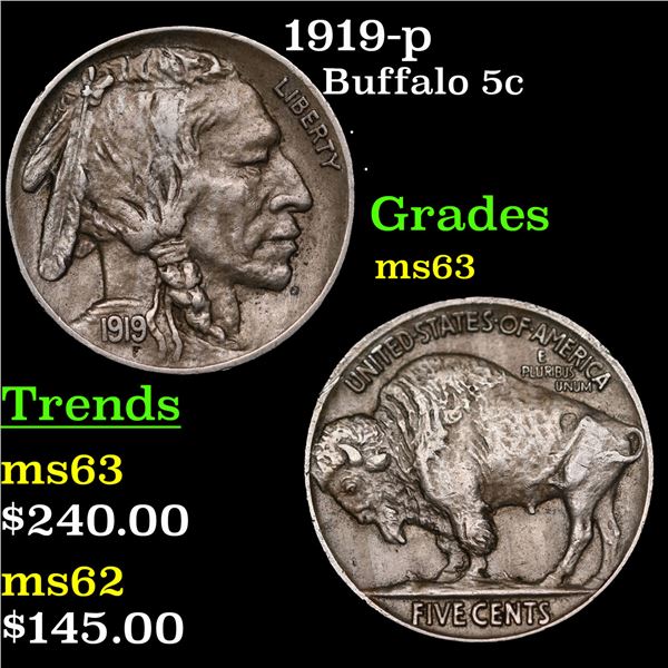 1919-p Buffalo Nickel 5c Grades Select Unc