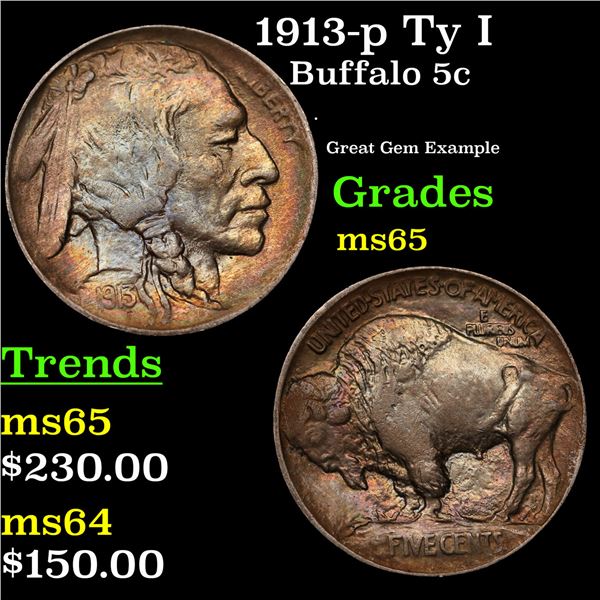 1913-p Ty I Buffalo Nickel 5c Grades GEM Unc