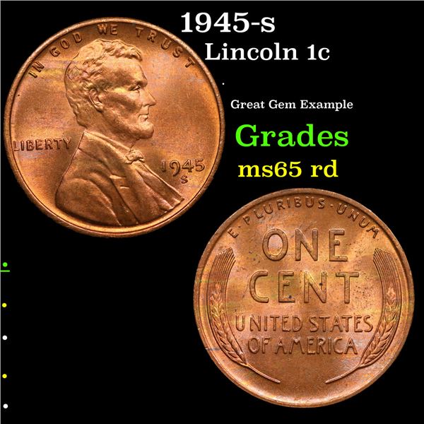 1945-s Lincoln Cent 1c Grades GEM Unc RD