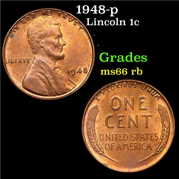 1948-p Lincoln Cent 1c Grades GEM+ Unc RB