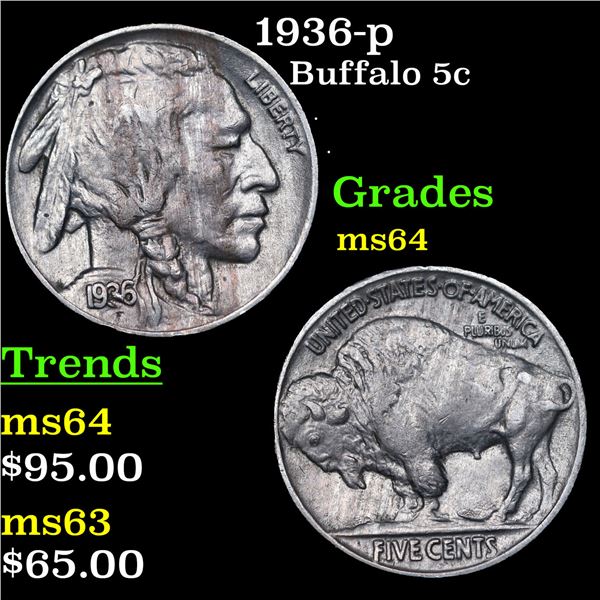 1936-p Buffalo Nickel 5c Grades Choice Unc
