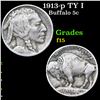 Image 1 : 1913-p TY I Buffalo Nickel 5c Grades f+
