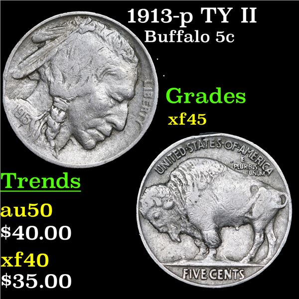 1913-p TY II Buffalo Nickel 5c Grades xf+