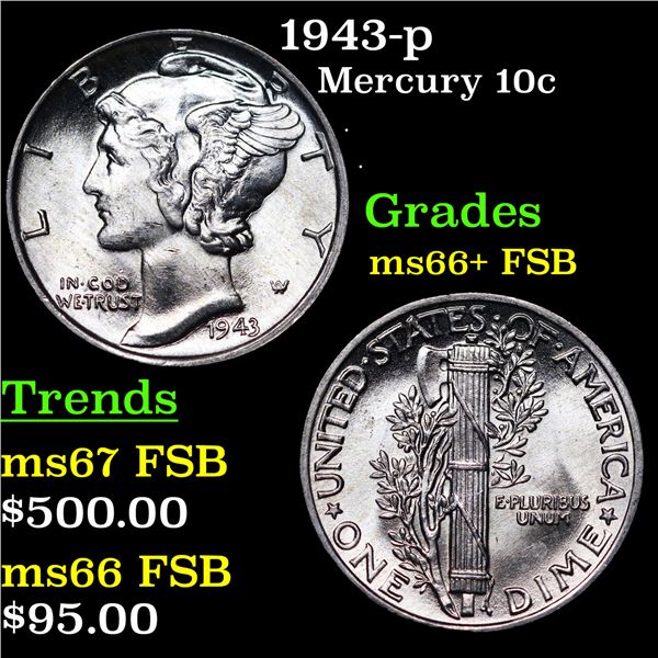 1943-p Mercury Dime 10c Grades GEM++ FSB