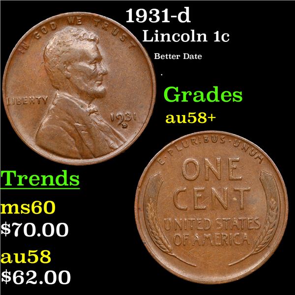 1931-d Lincoln Cent 1c Grades Choice AU/BU Slider+