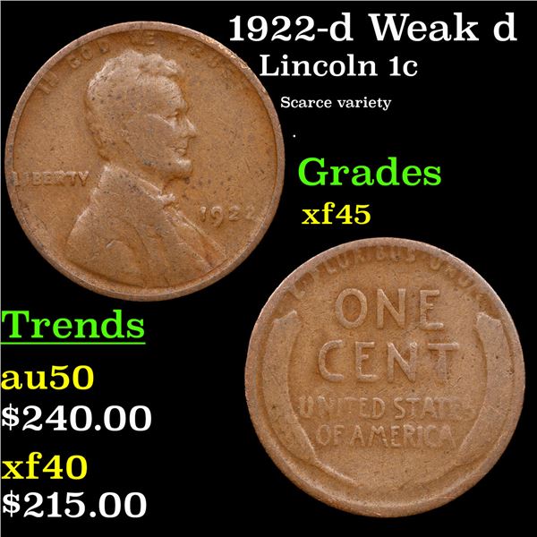1922-d Weak d Lincoln Cent 1c Grades xf+