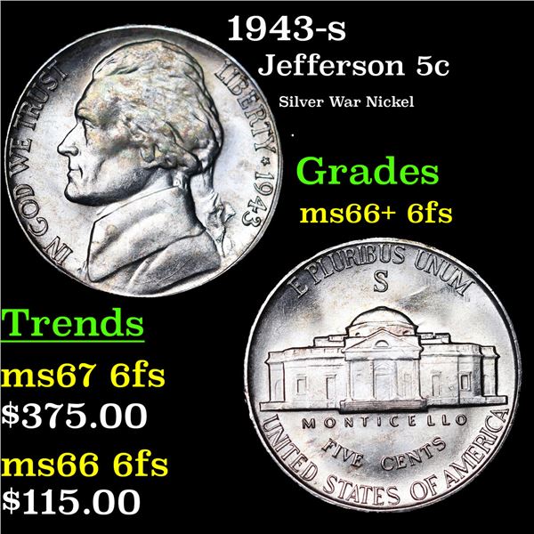 1943-s Jefferson Nickel 5c Grades GEM++ 6fs