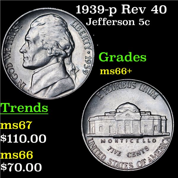 1939-p Rev 40 Jefferson Nickel 5c Grades GEM++ Unc