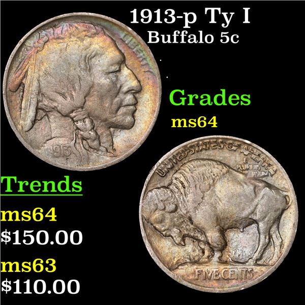 1913-p Ty I Buffalo Nickel 5c Grades Choice Unc
