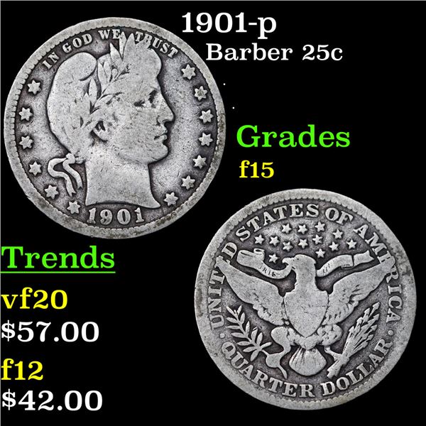 1901-p Barber Quarter 25c Grades f+
