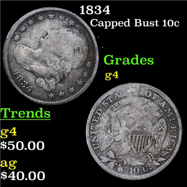 1834 Capped Bust Dime 10c Grades g, good