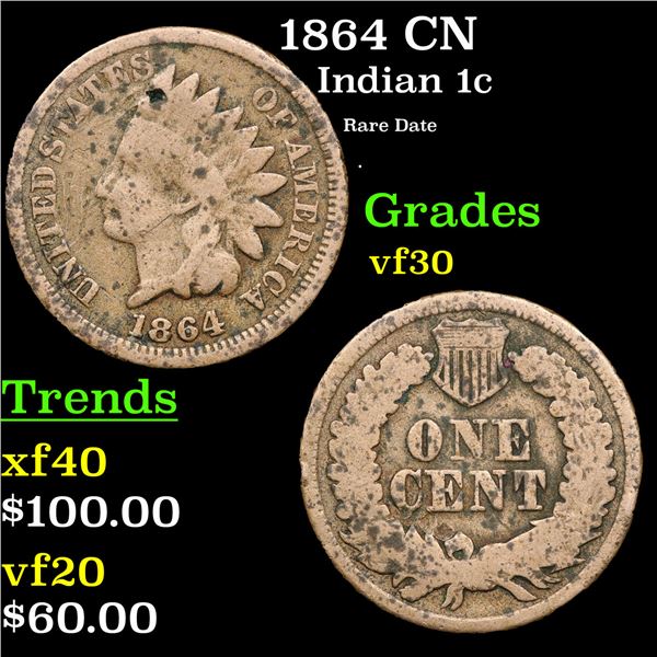 1864 CN Indian Cent 1c Grades vf++