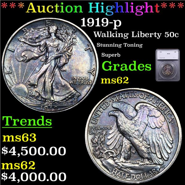***Auction Highlight*** 1919-p Walking Liberty Half Dollar 50c Graded ms62 By SEGS (fc)