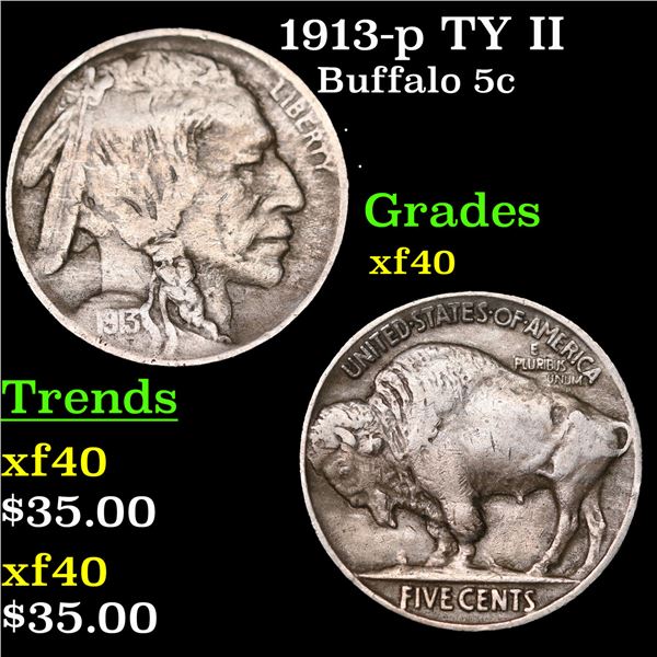 1913-p TY II Buffalo Nickel 5c Grades xf