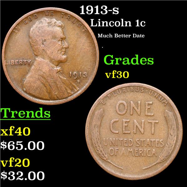 1913-s Lincoln Cent 1c Grades vf++
