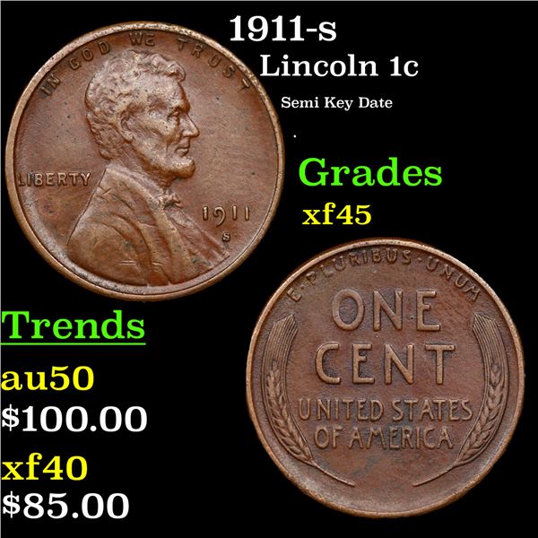 1911-s Lincoln Cent 1c Grades xf+