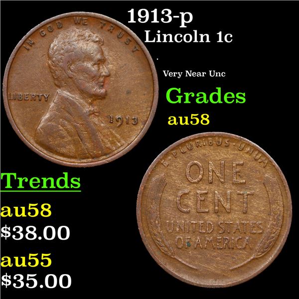 1913-p Lincoln Cent 1c Grades Choice AU/BU Slider