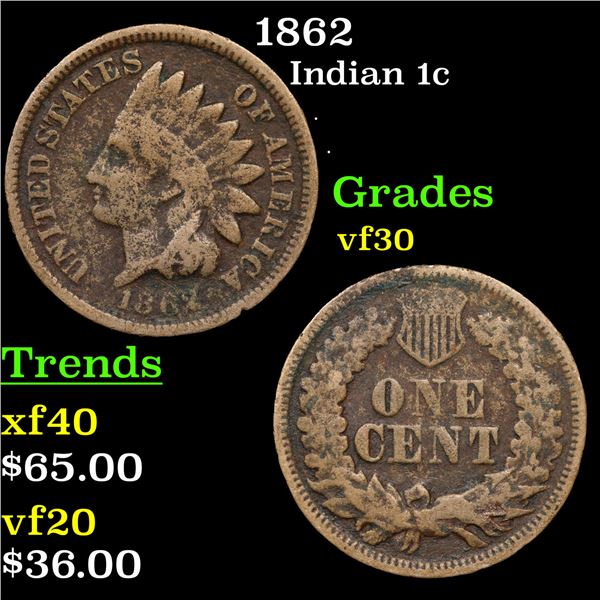 1862 Indian Cent 1c Grades vf++
