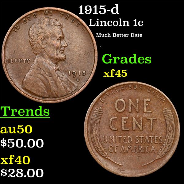 1915-d Lincoln Cent 1c Grades xf+