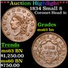Image 1 : ***Auction Highlight*** 1834 Small 8 Coronet Head Large Cent 1c Graded Select Unc BN BY USCG (fc)