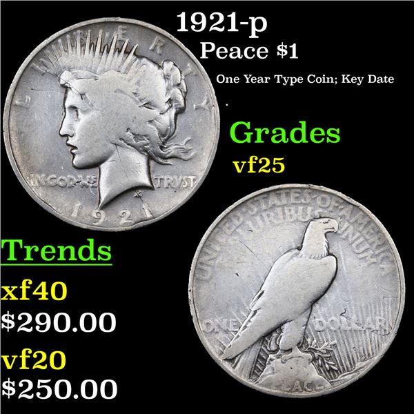 1921-p Peace Dollar $1 Grades vf+