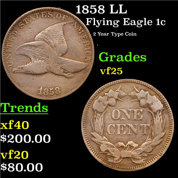 1858 LL Flying Eagle Cent 1c Grades vf+