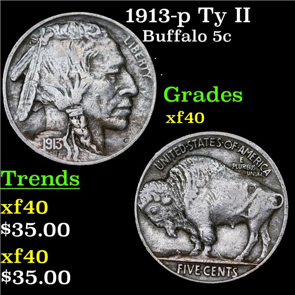 1913-p Ty II Buffalo Nickel 5c Grades xf