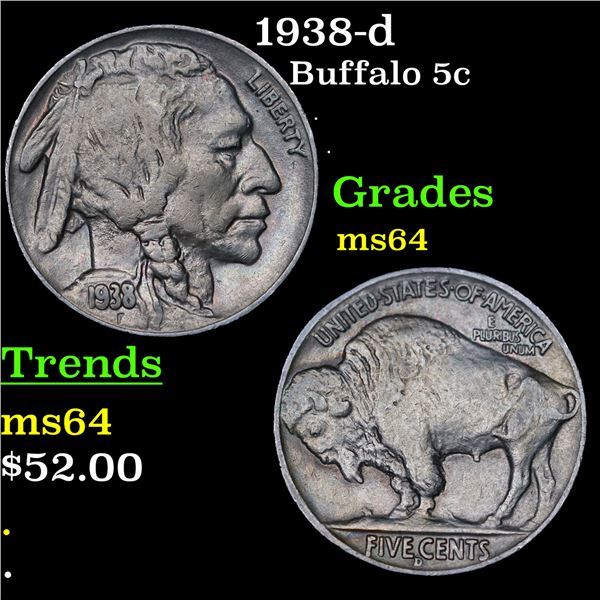 1938-d Buffalo Nickel 5c Grades Choice Unc