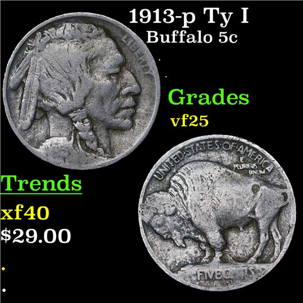 1913-p Ty I Buffalo Nickel 5c Grades vf+