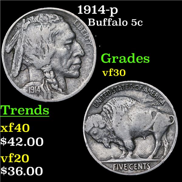 1914-p Buffalo Nickel 5c Grades vf++
