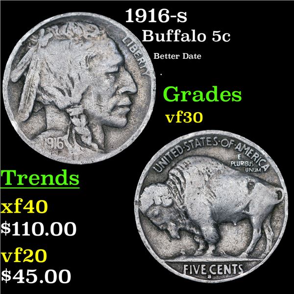 1916-s Buffalo Nickel 5c Grades vf++