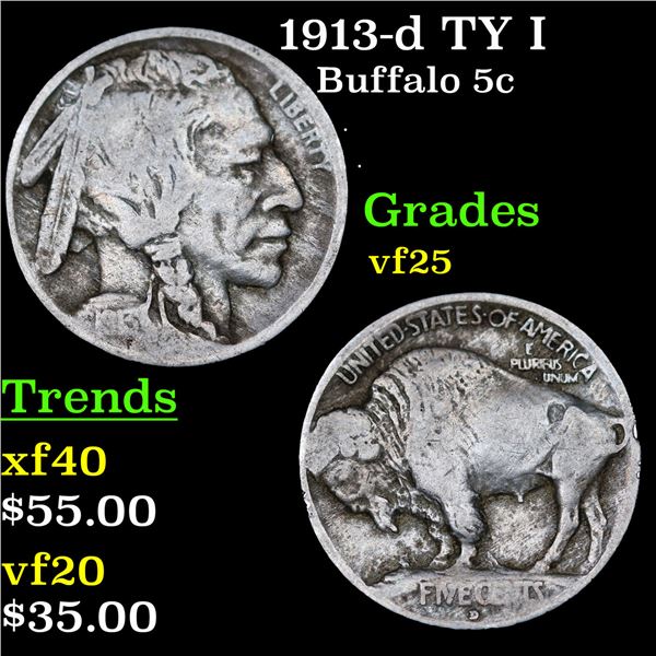 1913-d TY I Buffalo Nickel 5c Grades vf+